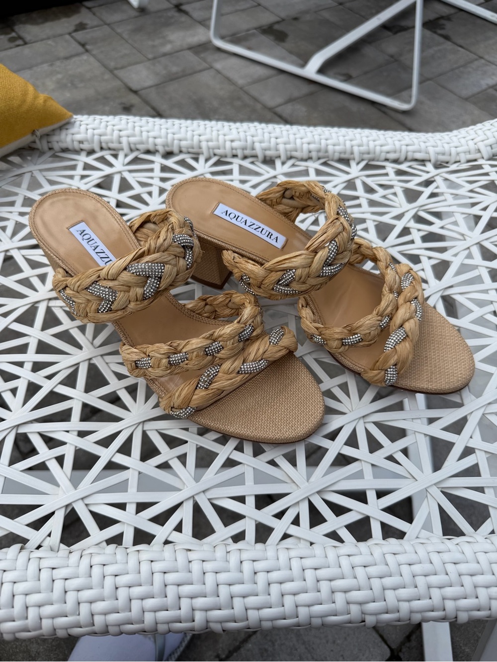 Aquazzura Braided Tan Raffia Slide Heels with Silver Thread